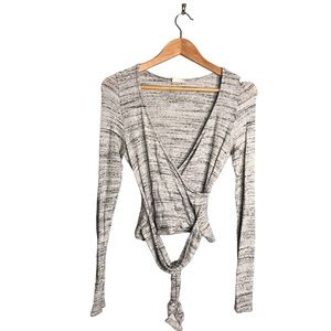 Emory park | Long sleeve wrap blouse belted low cut Heather gray top •